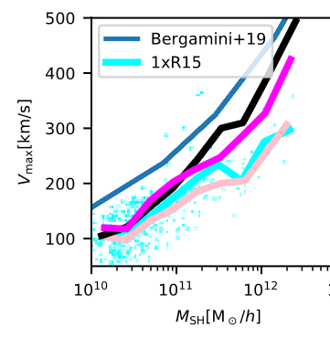 Bergamini+2019 subhalo compactness scaling relation compared to zoomin hydrodynamic simulations