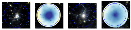 Two galaxy clusters (left and right panes) with similar mass of 1e14 Msun, on optical (blackish left subpanel) and X-ray (yellowish right subpanel) one has low gas fraction (peaked at the center), one has high gas fraction (diffused)  